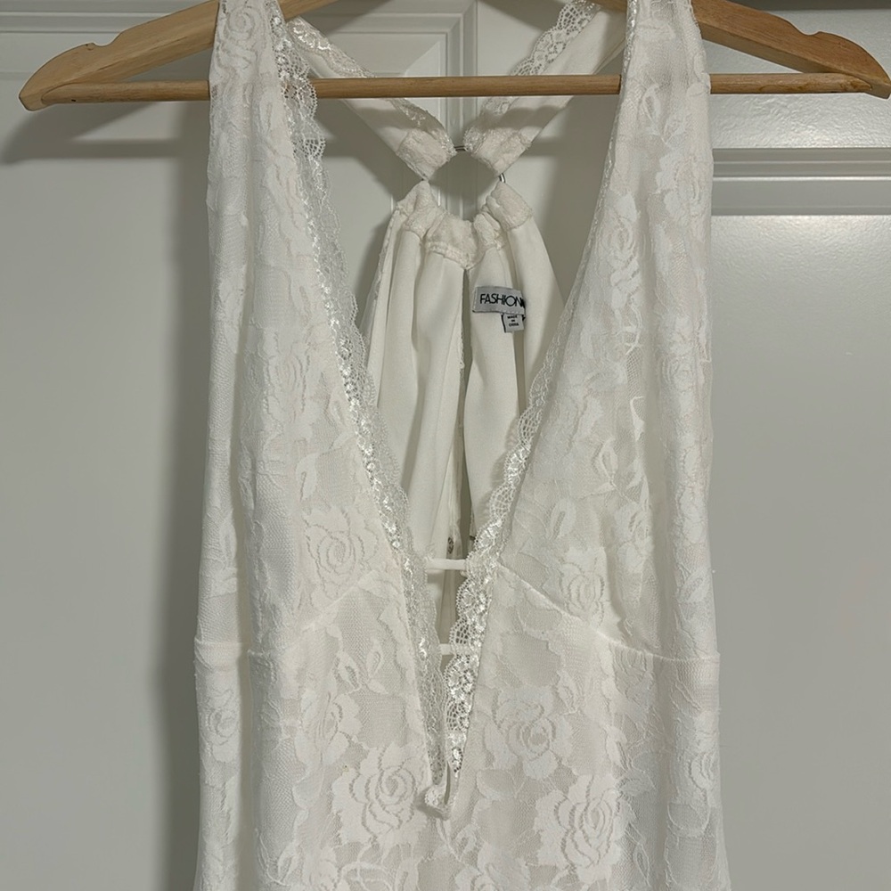 White lace halter neckline keyhole back ruffle asymmetrical skirt
